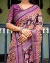 Purple Floral Cotton Linen Saree | Matching Blouse & Tassel Edges – Buy Online