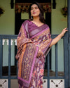 Purple Floral Cotton Linen Saree | Matching Blouse & Tassel Edges – Buy Online