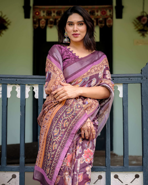 Purple Floral Cotton Linen Saree | Matching Blouse & Tassel Edges – Buy Online