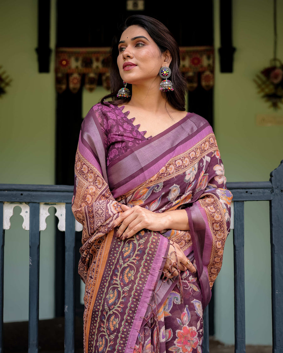Purple Floral Cotton Linen Saree | Matching Blouse & Tassel Edges – Buy Online