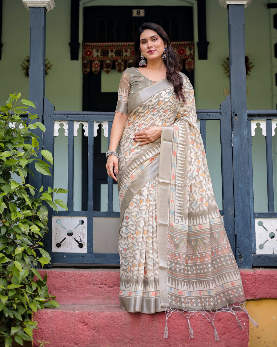 Beige Pure Cotton Linen Saree | Geometric & Leaf Pattern with Blouse & Tassel Detailing