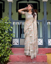 Beige Pure Cotton Linen Saree | Geometric & Leaf Pattern with Blouse & Tassel Detailing