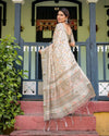 Beige Pure Cotton Linen Saree | Geometric & Leaf Pattern with Blouse & Tassel Detailing