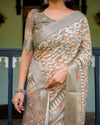 Beige Pure Cotton Linen Saree | Geometric & Leaf Pattern with Blouse & Tassel Detailing