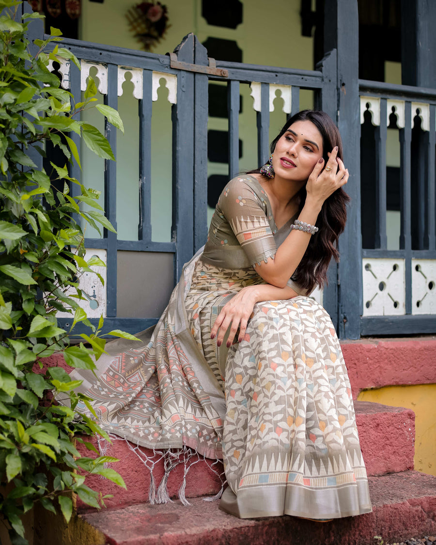 Beige Pure Cotton Linen Saree | Geometric & Leaf Pattern with Blouse & Tassel Detailing