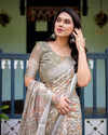 Beige Pure Cotton Linen Saree | Geometric & Leaf Pattern with Blouse & Tassel Detailing