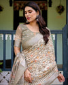 Beige Pure Cotton Linen Saree | Geometric & Leaf Pattern with Blouse & Tassel Detailing