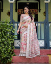 Floral Print Pure Cotton Linen Saree in Ivory with Multi-Color Florals and Tassels
