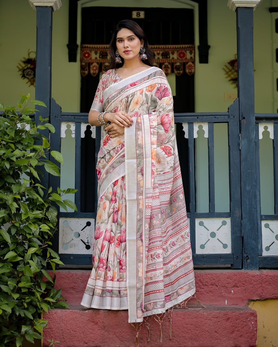 Floral Print Pure Cotton Linen Saree in Ivory with Multi-Color Florals and Tassels