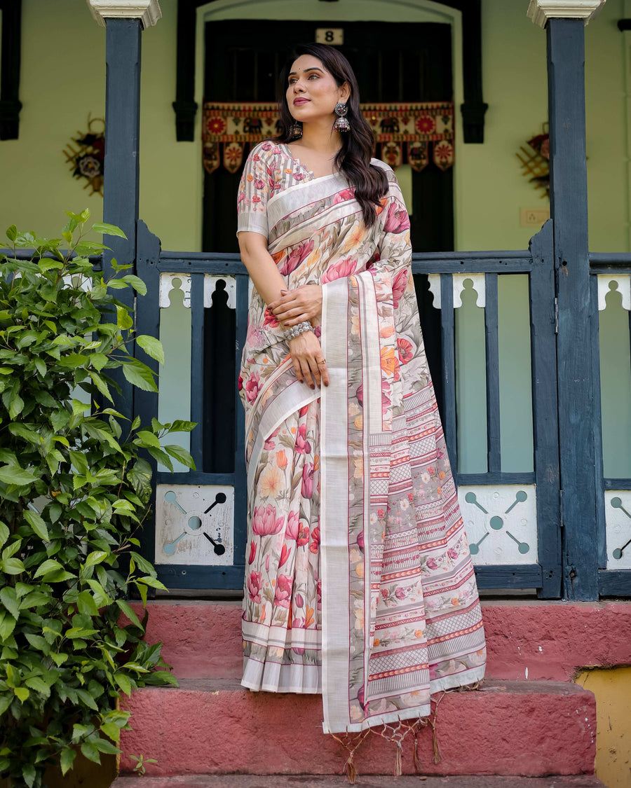 Ivory Pure Cotton Linen Saree | Multi-Color Floral Print with Blouse & Tassel Detailing