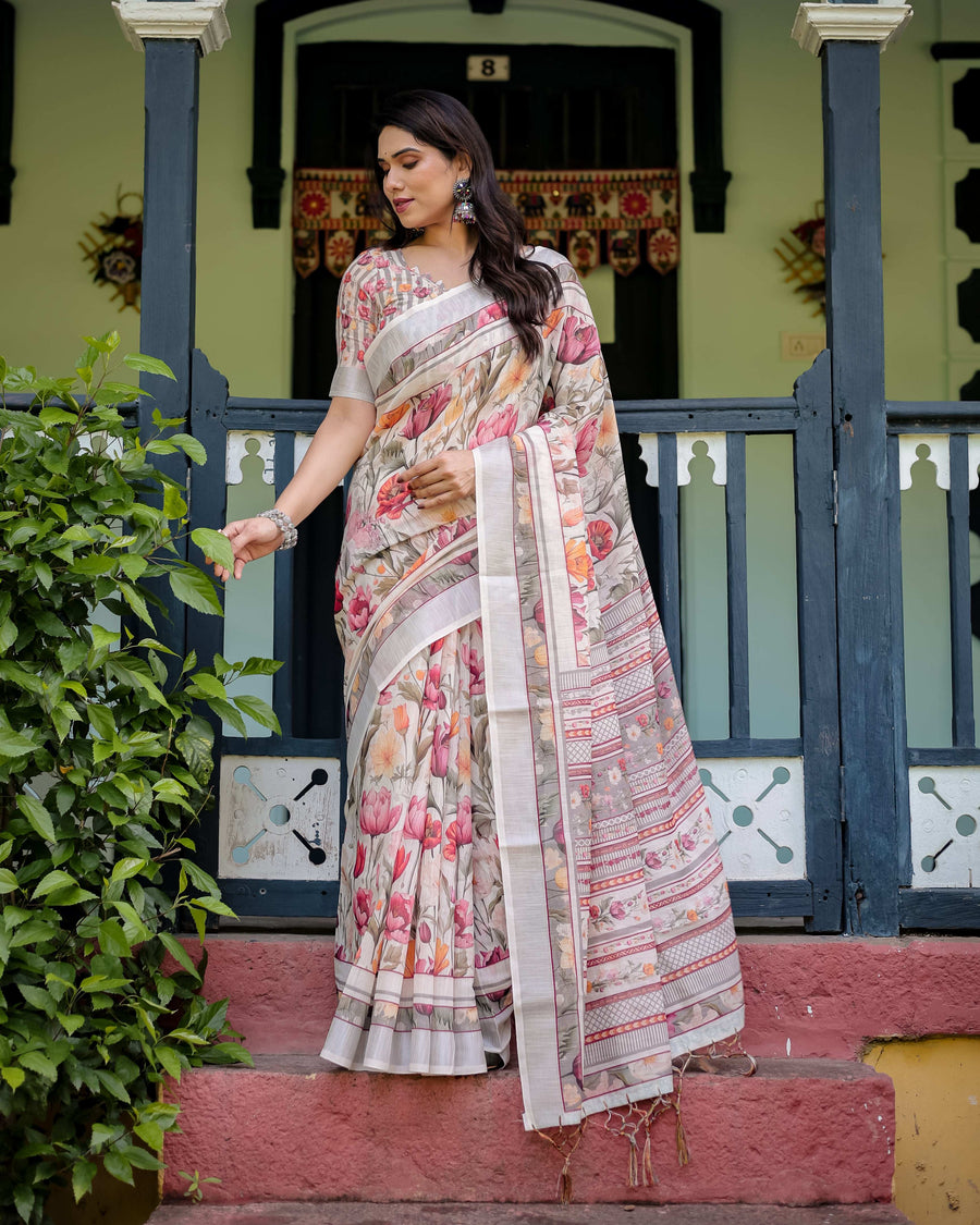 Ivory Pure Cotton Linen Saree | Multi-Color Floral Print with Blouse & Tassel Detailing