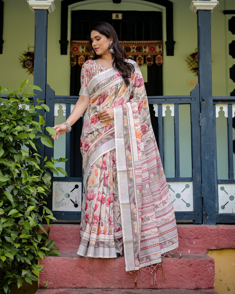 Floral Print Pure Cotton Linen Saree in Ivory with Multi-Color Florals and Tassels