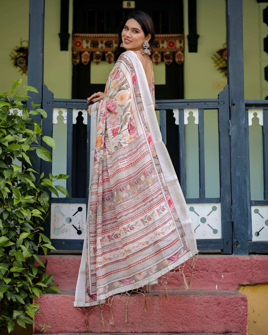 Ivory Pure Cotton Linen Saree | Multi-Color Floral Print with Blouse & Tassel Detailing