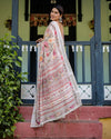 Floral Print Pure Cotton Linen Saree in Ivory with Multi-Color Florals and Tassels