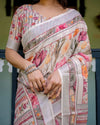 Ivory Pure Cotton Linen Saree | Multi-Color Floral Print with Blouse & Tassel Detailing