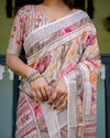 Floral Print Pure Cotton Linen Saree in Ivory with Multi-Color Florals and Tassels
