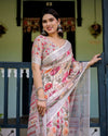 Ivory Pure Cotton Linen Saree | Multi-Color Floral Print with Blouse & Tassel Detailing