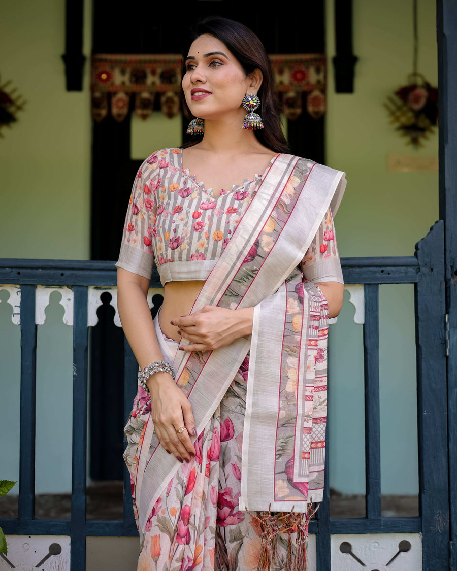 Ivory Pure Cotton Linen Saree | Multi-Color Floral Print with Blouse & Tassel Detailing