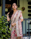 Ivory Pure Cotton Linen Saree | Multi-Color Floral Print with Blouse & Tassel Detailing