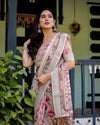 Floral Print Pure Cotton Linen Saree in Ivory with Multi-Color Florals and Tassels