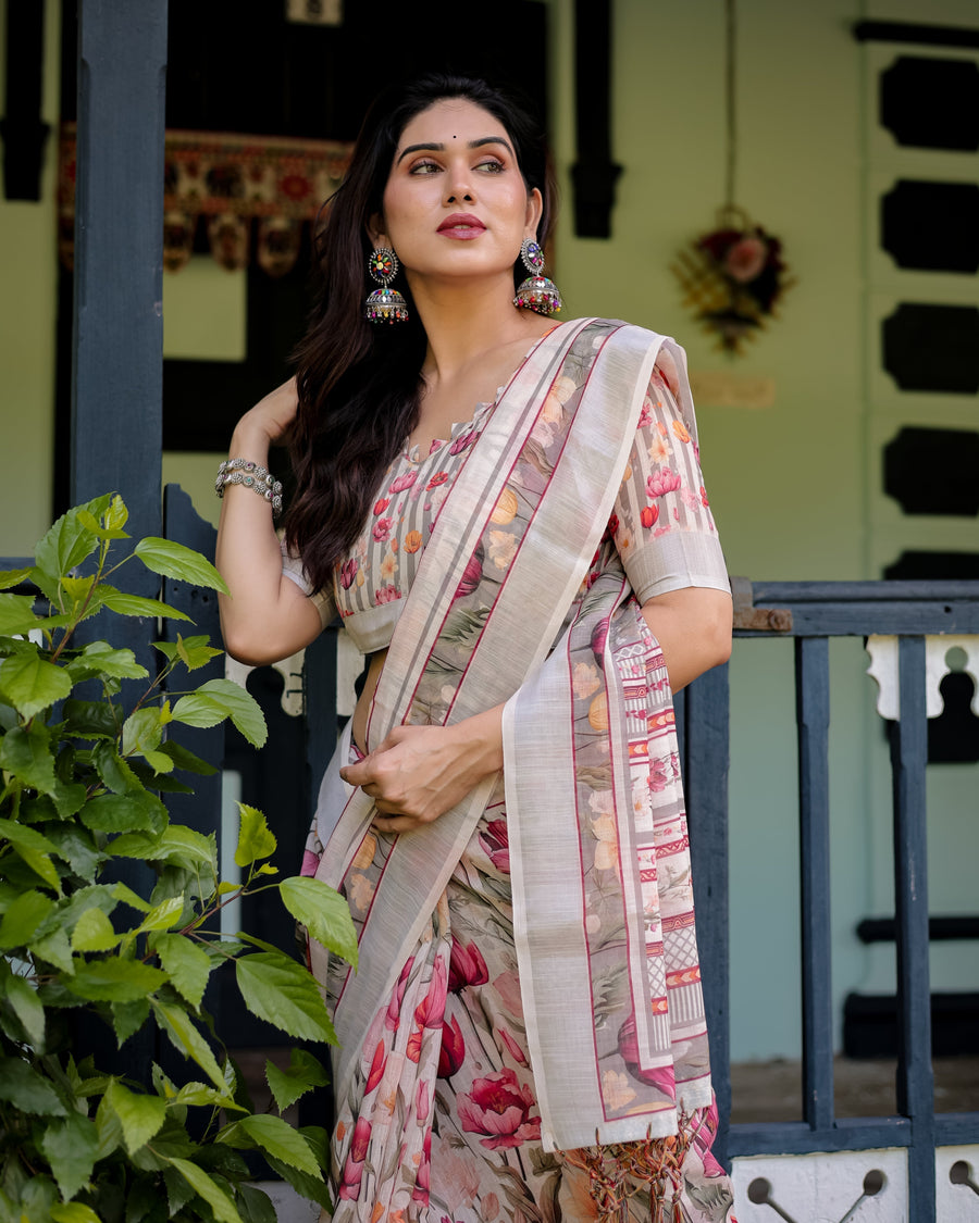 Floral Print Pure Cotton Linen Saree in Ivory with Multi-Color Florals and Tassels