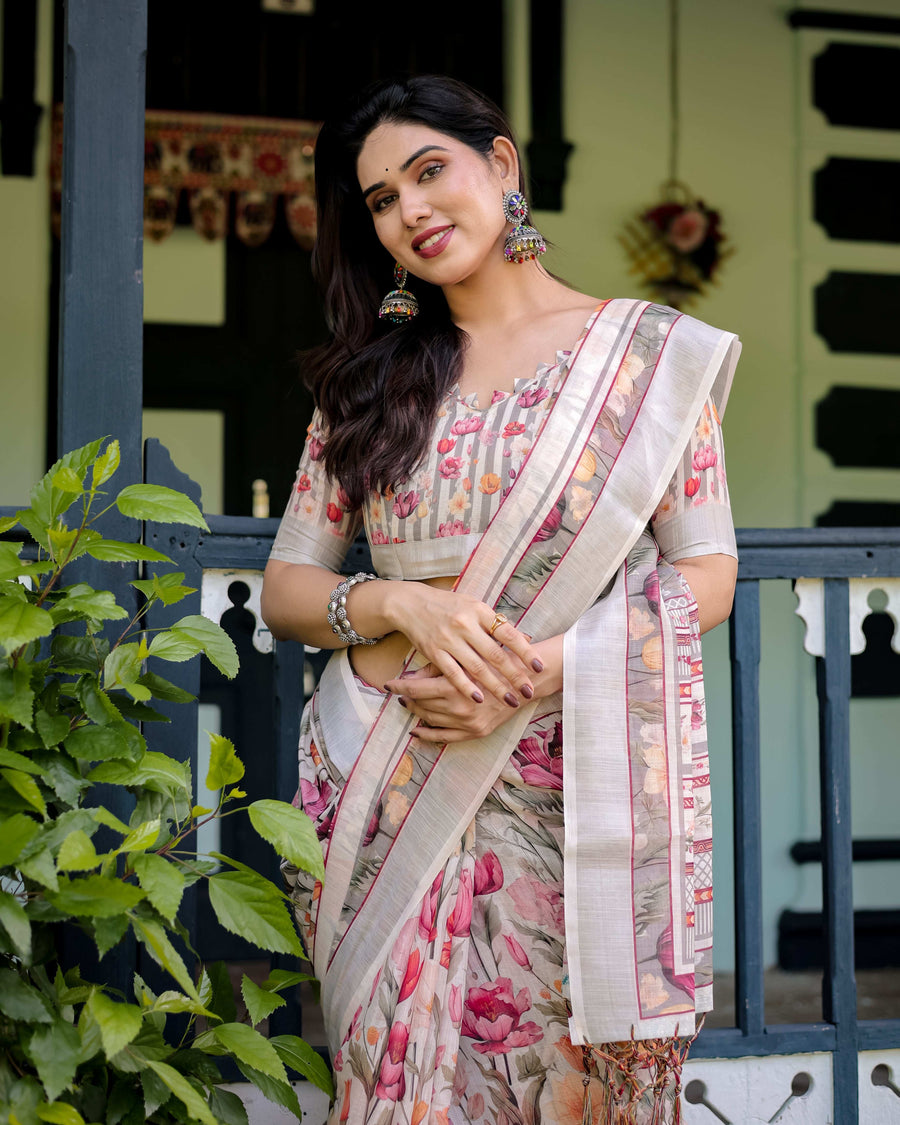 Ivory Pure Cotton Linen Saree | Multi-Color Floral Print with Blouse & Tassel Detailing