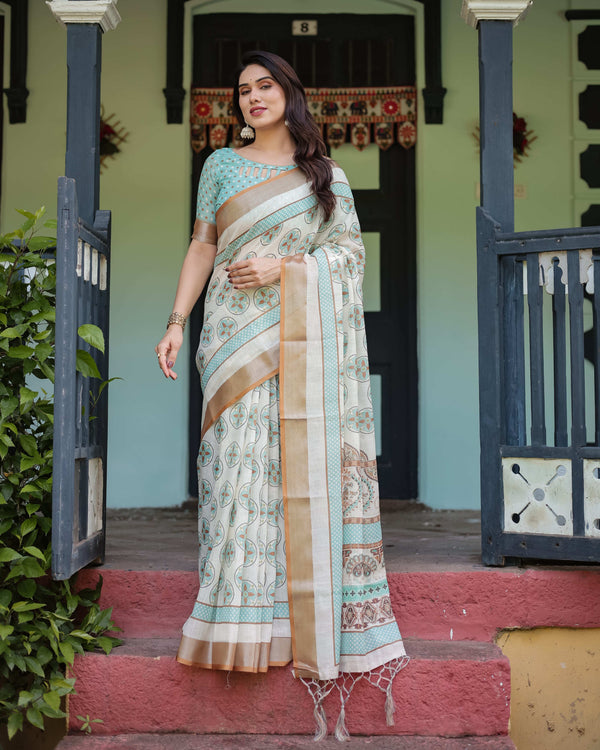 Beige & Aqua Pure Cotton Linen Saree | Geometric Floral Design with Blouse & Tassel Edges