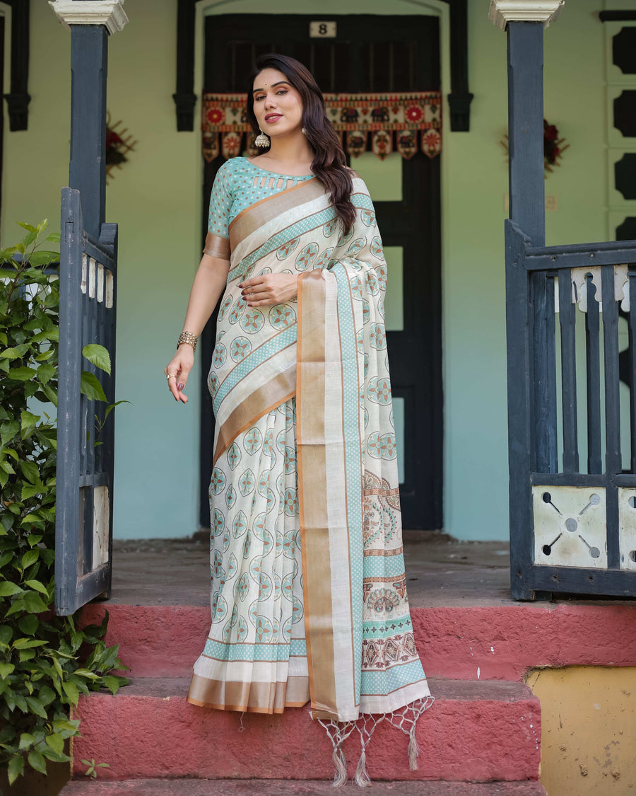 Beige & Aqua Pure Cotton Linen Saree | Geometric Floral Design with Blouse & Tassel Edges