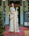 Beige With Aqua Pure Cotton Linen Saree with Geometric Floral Design and Tassels on Edges
