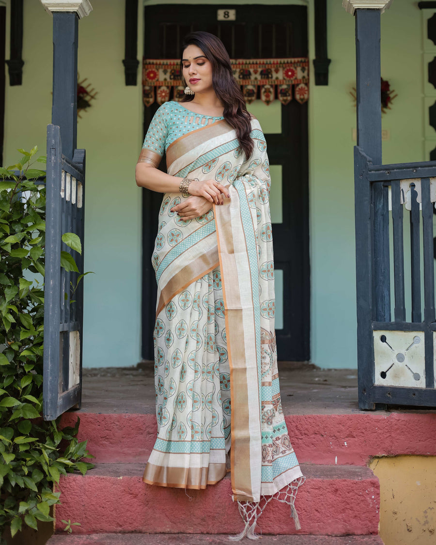 Beige & Aqua Pure Cotton Linen Saree | Geometric Floral Design with Blouse & Tassel Edges
