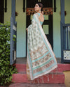 Beige & Aqua Pure Cotton Linen Saree | Geometric Floral Design with Blouse & Tassel Edges