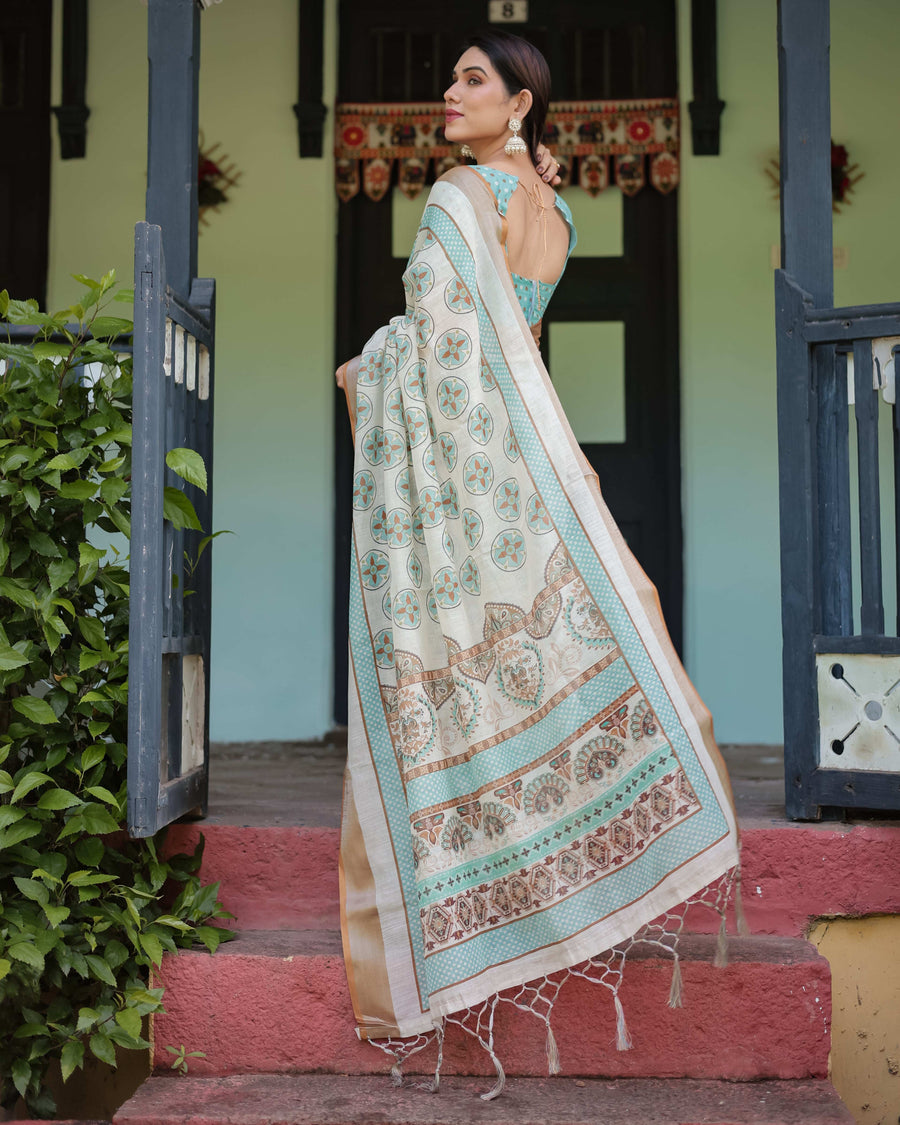 Beige & Aqua Pure Cotton Linen Saree | Geometric Floral Design with Blouse & Tassel Edges