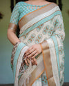 Beige & Aqua Pure Cotton Linen Saree | Geometric Floral Design with Blouse & Tassel Edges