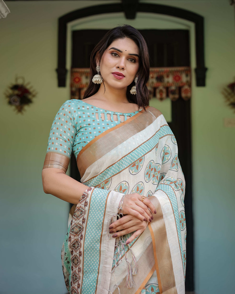 Beige & Aqua Pure Cotton Linen Saree | Geometric Floral Design with Blouse & Tassel Edges