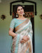 Beige & Aqua Pure Cotton Linen Saree | Geometric Floral Design with Blouse & Tassel Edges