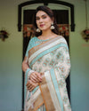 Beige & Aqua Pure Cotton Linen Saree | Geometric Floral Design with Blouse & Tassel Edges