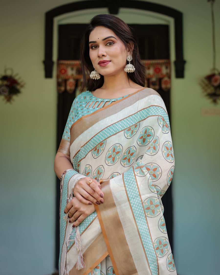 Beige & Aqua Pure Cotton Linen Saree | Geometric Floral Design with Blouse & Tassel Edges