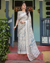 Beige & Blue Floral Printed Pure Cotton Linen Saree | Matching Blouse & Tassel Detailing