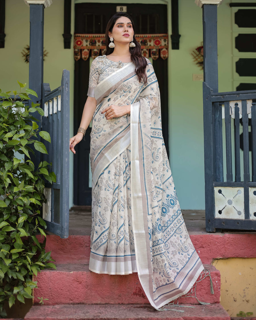 Beige & Blue Floral Printed Pure Cotton Linen Saree | Matching Blouse & Tassel Detailing