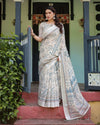 Beige & Blue Floral Printed Pure Cotton Linen Saree | Matching Blouse & Tassel Detailing