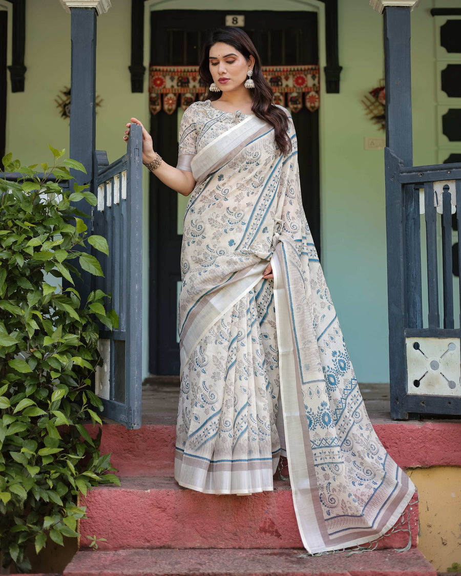 Beige & Blue Floral Printed Pure Cotton Linen Saree | Matching Blouse & Tassel Detailing