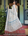 Beige & Blue Floral Printed Pure Cotton Linen Saree | Matching Blouse & Tassel Detailing