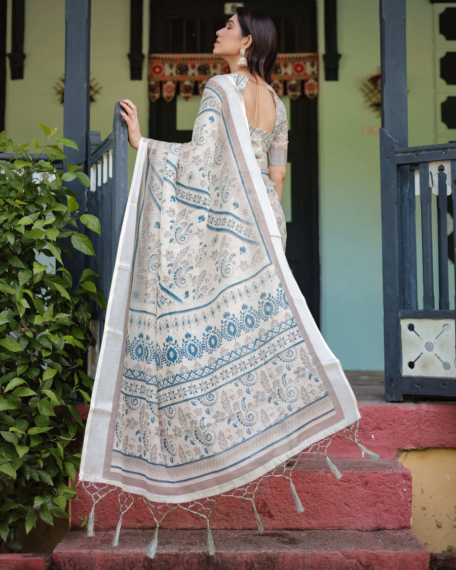 Beige & Blue Floral Printed Pure Cotton Linen Saree | Matching Blouse & Tassel Detailing