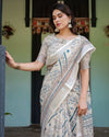 Beige & Blue Floral Printed Pure Cotton Linen Saree | Matching Blouse & Tassel Detailing