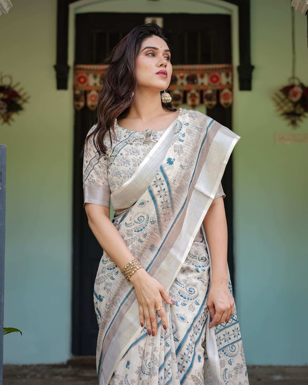 Beige & Blue Floral Printed Pure Cotton Linen Saree | Matching Blouse & Tassel Detailing