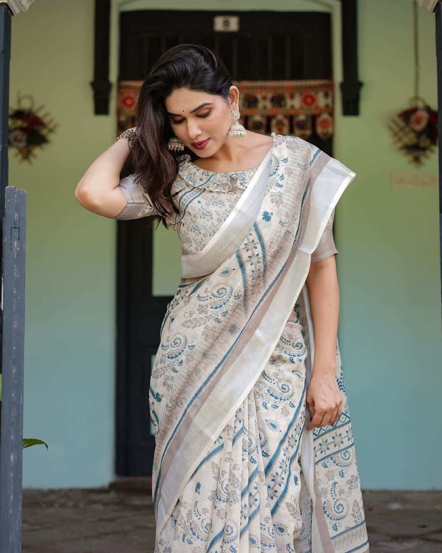 Beige & Blue Floral Printed Pure Cotton Linen Saree | Matching Blouse & Tassel Detailing
