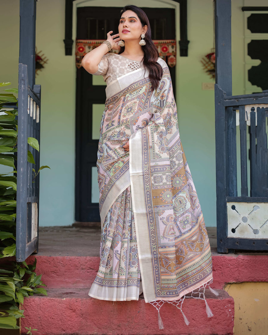 Cream & Pastel Multicolour Pure Cotton Linen Saree | Printed with Blouse & Tassel Edges