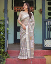 Cream & Pastel Multicolour Pure Cotton Linen Saree | Printed with Blouse & Tassel Edges