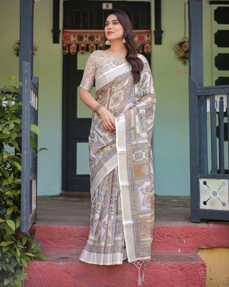 Cream & Pastel Multicolour Pure Cotton Linen Saree | Printed with Blouse & Tassel Edges