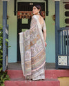 Cream & Pastel Multicolour Pure Cotton Linen Saree | Printed with Blouse & Tassel Edges